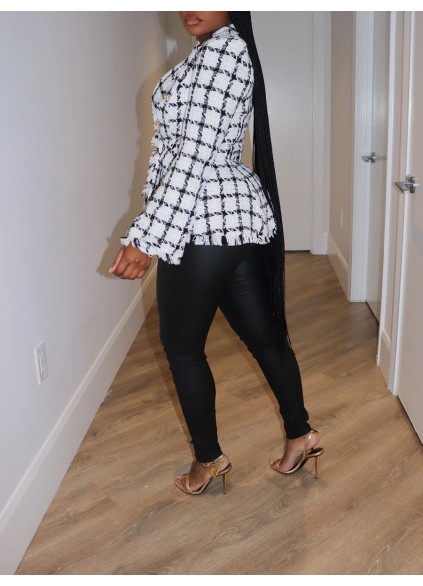 Black and white plaid fringed suit jacket