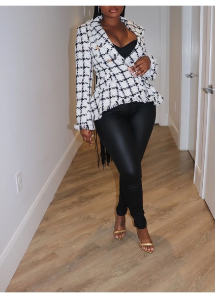 Black and white plaid fringed suit jacket