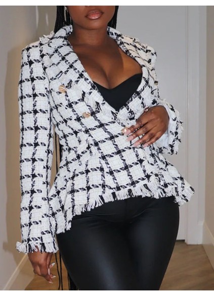 Black and white plaid fringed suit jacket