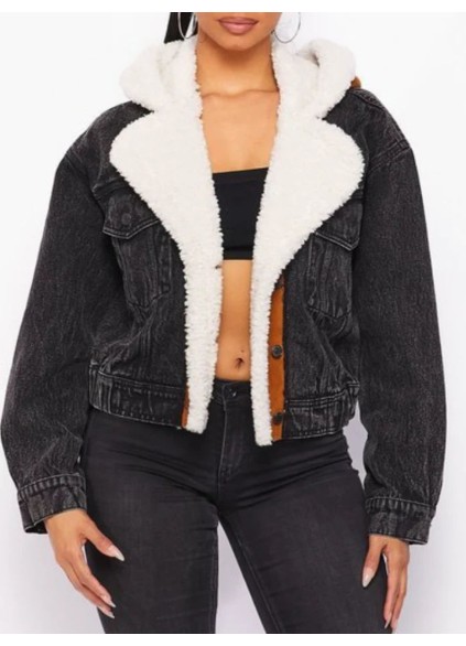 Black denim patchwork plush leather jacket
