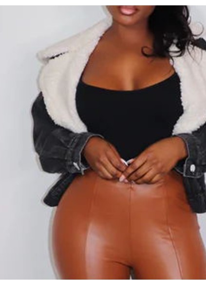 Black denim patchwork plush leather jacket