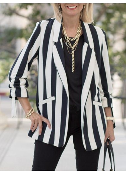 Black ivory white striped cuffs drawstring suit jacket