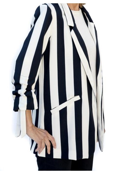 Black ivory white striped cuffs drawstring suit jacket