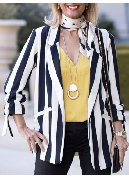 Black ivory white striped cuffs drawstring suit jacket