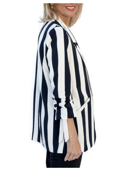 Black ivory white striped cuffs drawstring suit jacket