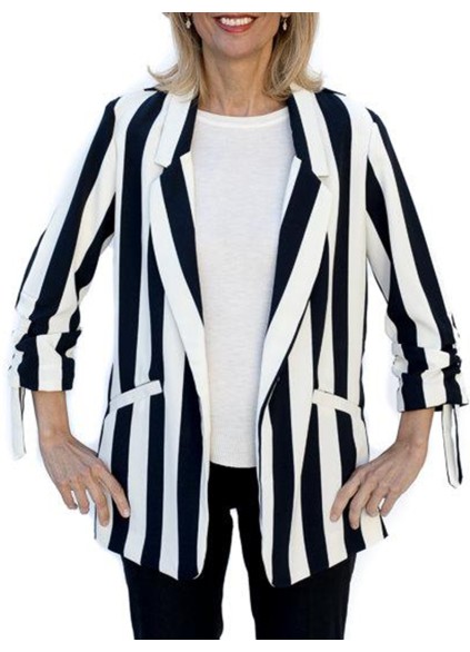 Black ivory white striped cuffs drawstring suit jacket