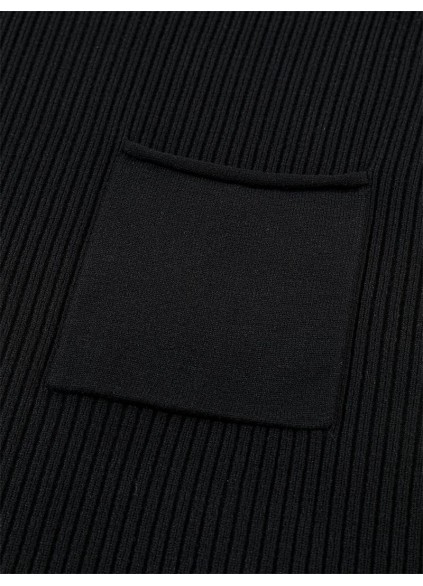 Black Patch Pocket Ribbed Knit Short Sleeve Sweater