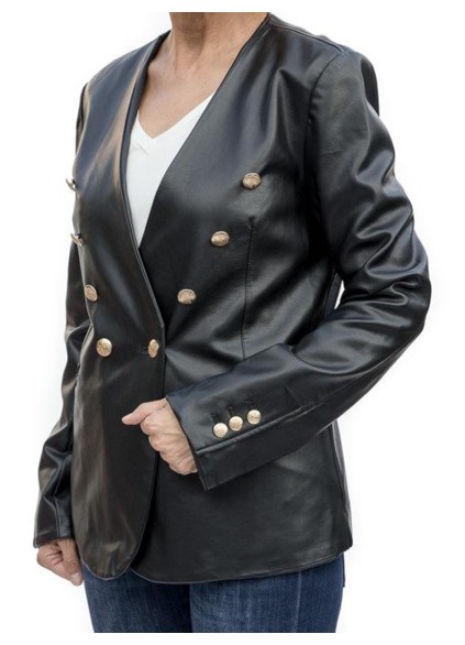 Black synthetic leather double breasted jacket