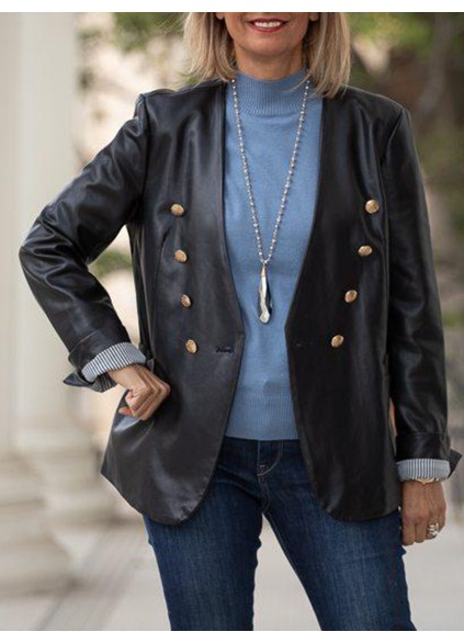 Black synthetic leather double breasted jacket