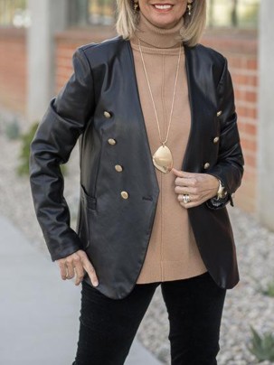 Black synthetic leather double breasted jacket