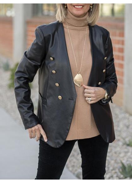 Black synthetic leather double breasted jacket