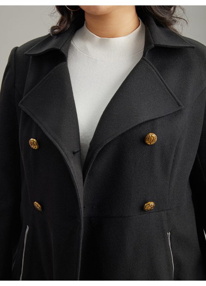 Black tweed coat with waist lapel for women