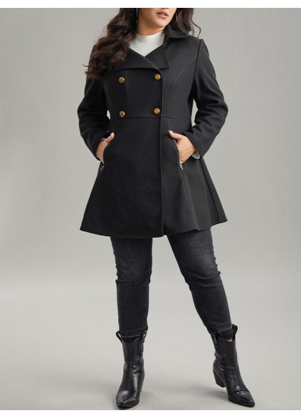 Black tweed coat with waist lapel for women