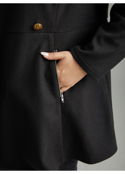 Black tweed coat with waist lapel for women