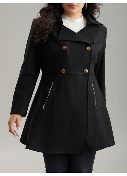 Black tweed coat with waist lapel for women