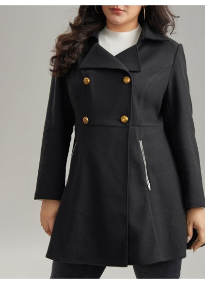 Black tweed coat with waist lapel for women