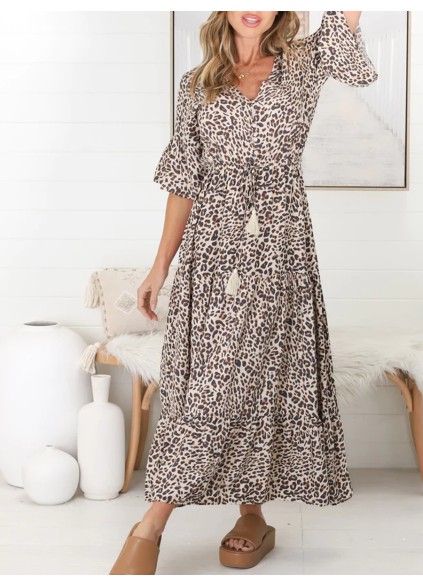 Black V-neck waistline leopard print Bohemian minimalist dress