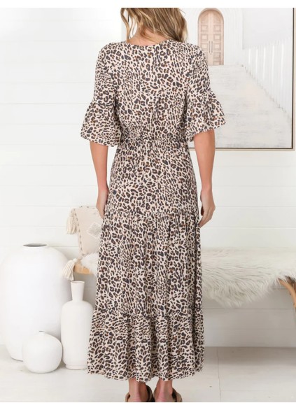 Black V-neck waistline leopard print Bohemian minimalist dress
