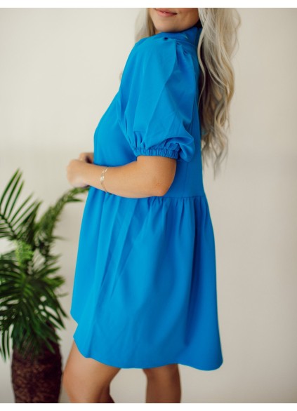 Blue Button Bubble Sleeve Shirt Dress