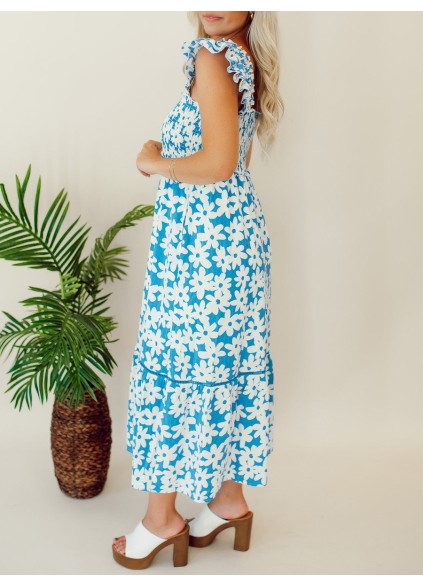 Blue floral pleated mid length dress