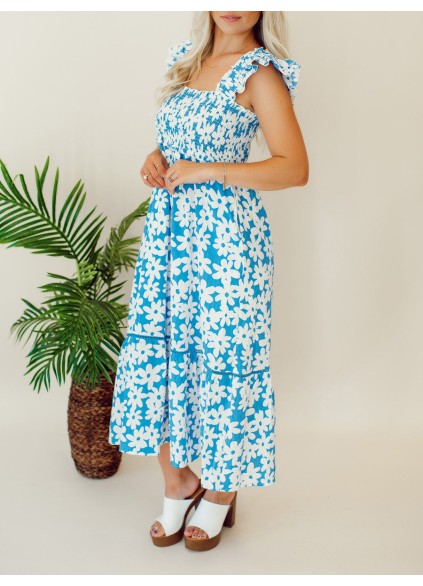 Blue floral pleated mid length dress