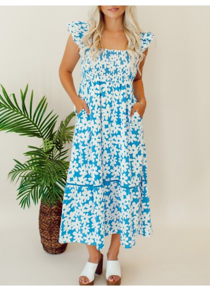 Blue floral pleated mid length dress