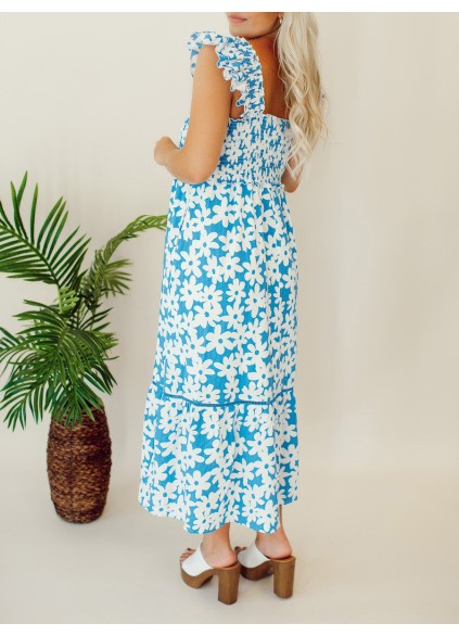 Blue floral pleated mid length dress