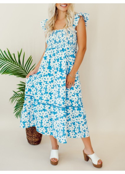 Blue floral pleated mid length dress