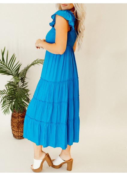 Blue pleated ruffled mid length dress
