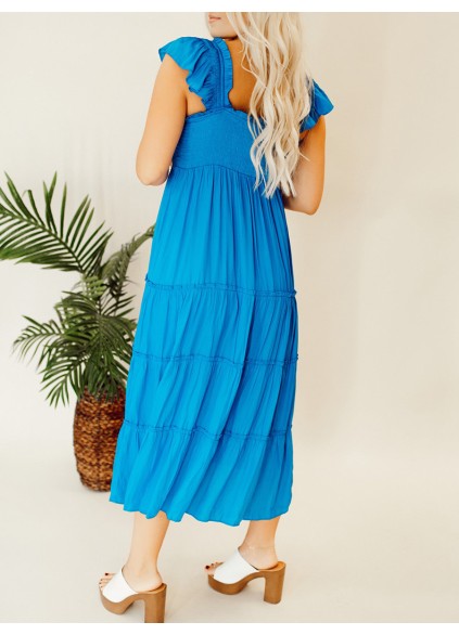 Blue pleated ruffled mid length dress