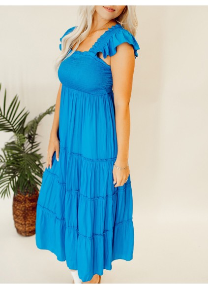 Blue pleated ruffled mid length dress