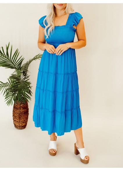 Blue pleated ruffled mid length dress