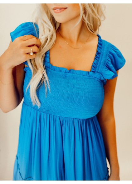 Blue pleated ruffled mid length dress