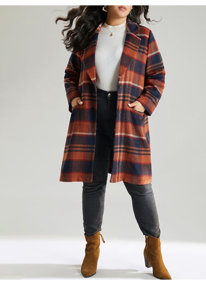 Brown ladies elegant plaid trench coat tweed coat