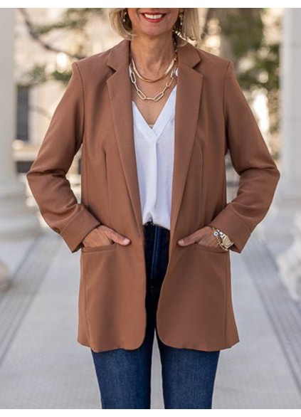 Brown pleated pocket open front suit jacket