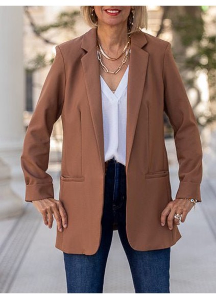 Brown pleated pocket open front suit jacket
