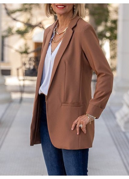 Brown pleated pocket open front suit jacket