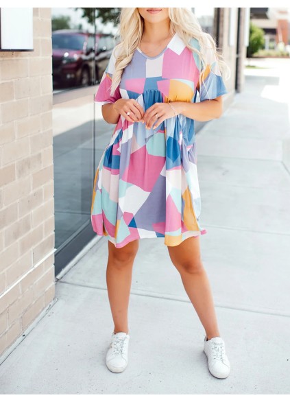 Contrast geometric pattern pleated dress