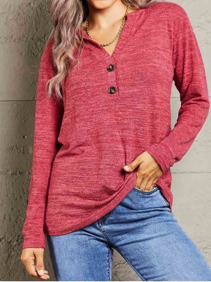 Buttoned Notched Neck Long Sleeve Top