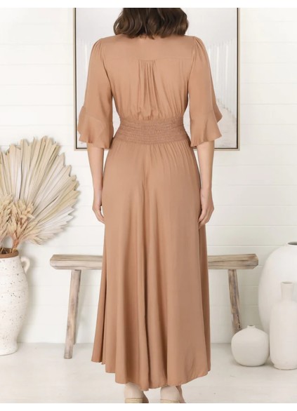Khaki V-neck waist slimming lace-up dress