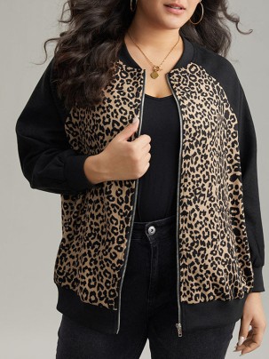 Plus-size women's elegant leopard-print patchwork coat