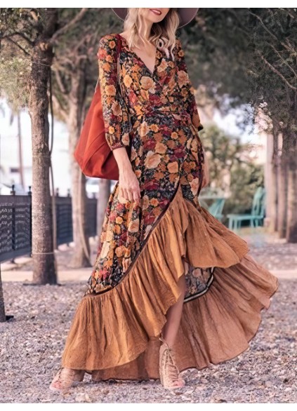 Retro Long Sleeve Printed Long Dress
