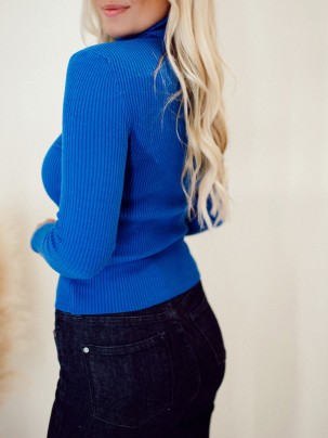 Women's Blue Rib Knitted High Neck Sweater