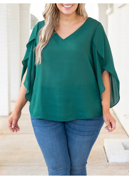 RUFFLE CROSS SLEEVE V-NECK Short Sleeve Shirt