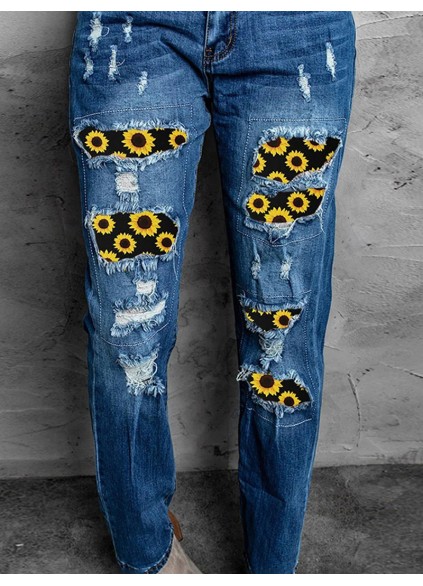 Women's Vintage Sunflower Print Patchwork Jeans
