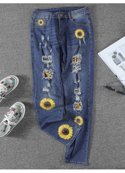 Women's vintage sunflower print patchwork ripped jeans